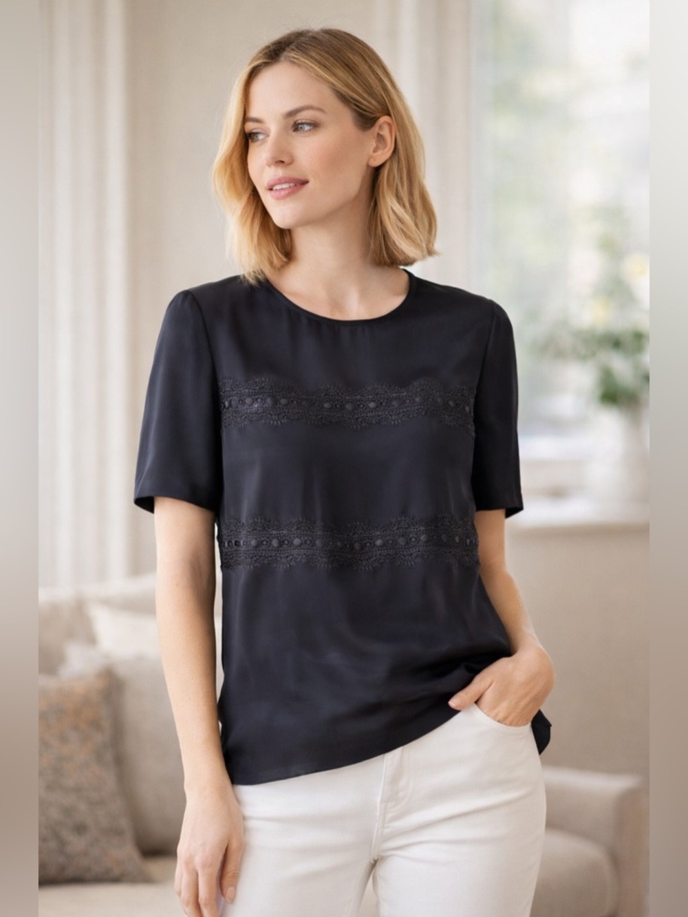 REBECCA TAYLOR / Silk Lace Trim Black Blouse - Sz M -NWT